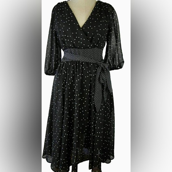 Maison Tara Dottie Faux Wrap Chiffon Midi Dress 3/4 Balloon Sleeves & Waist Sash - Picture 2 of 10